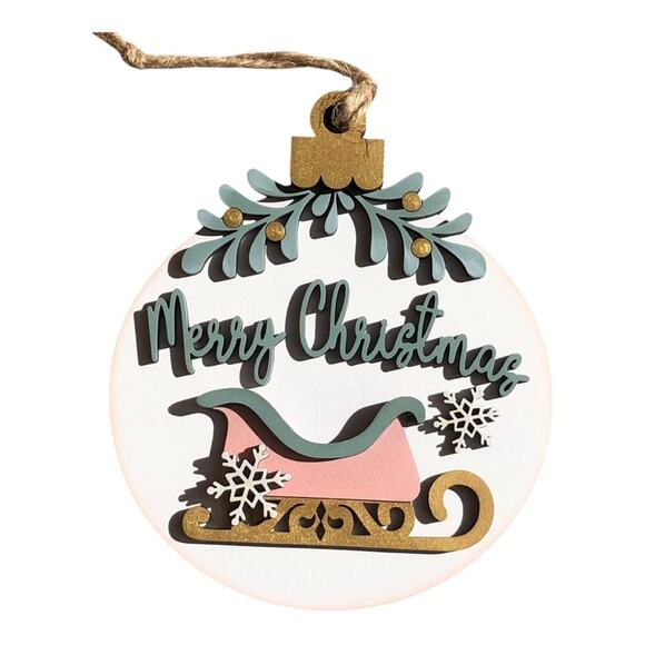 Whimsical  Merry Christmas Holly Snowflake Sled Ornament Hand Painted Wood - Picture 5 of 9